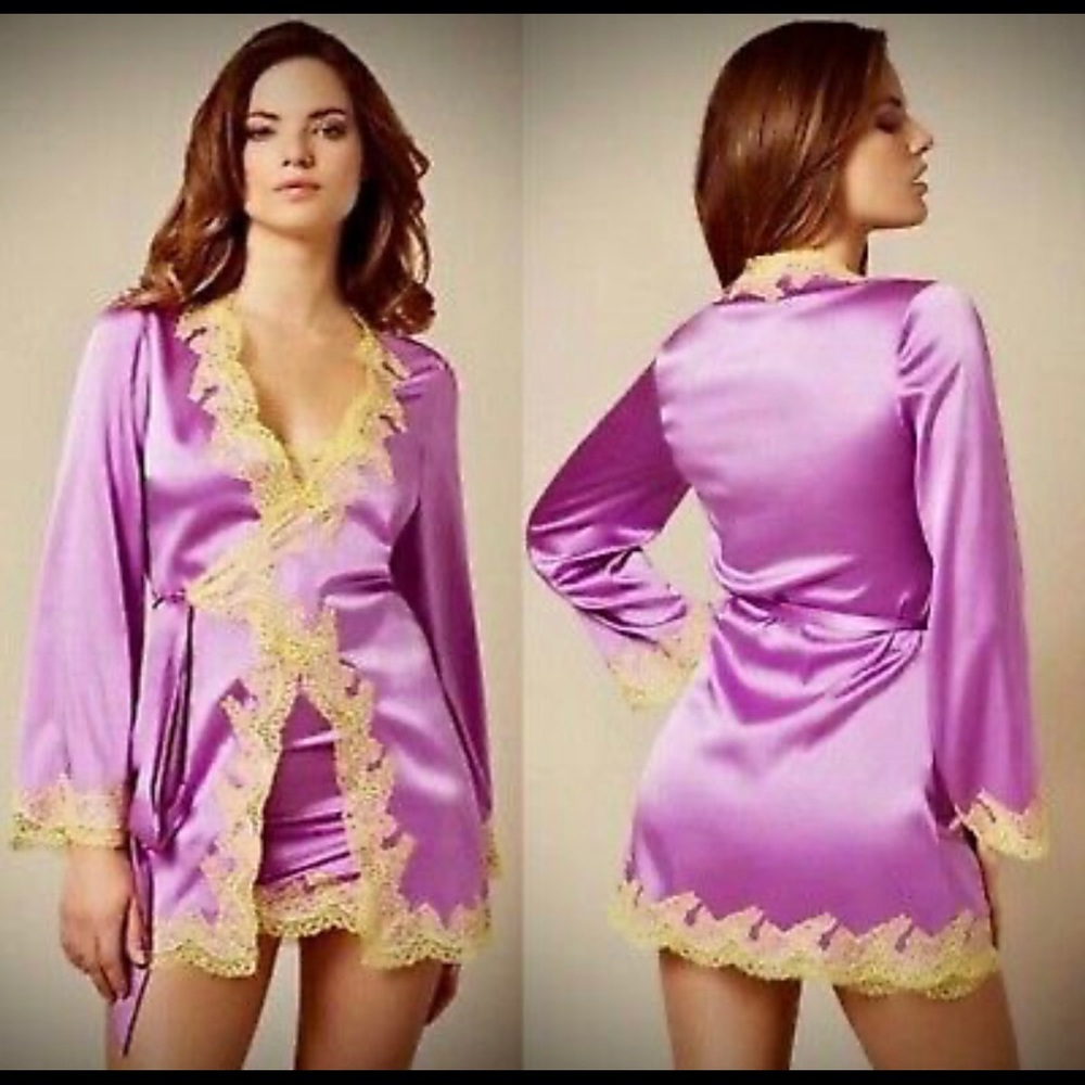 NWT AGENT PROVOCATEUR LUCIE SILK GOWN ROBE PURPLE/YELLOW SIZE M/L MSRP $675